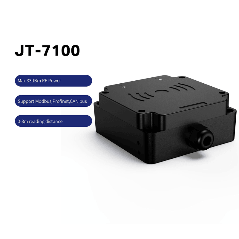 industrijski UHF čitač JT-7100 prikazan je na posteru proizvoda uz podršku za Modbus i Profinet i CAN bus i domet od 0 do 3 metra.