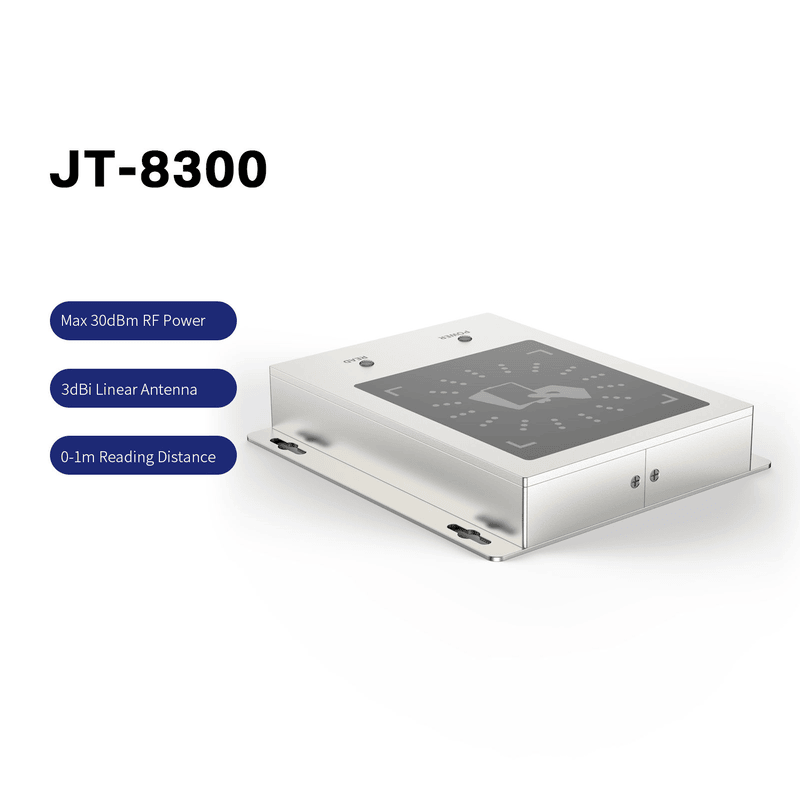 Tehnički crtež prikazuje dimenzije industrijskog UHF RFID čitača JT-8300 od 180 × 163 × 33 mm.