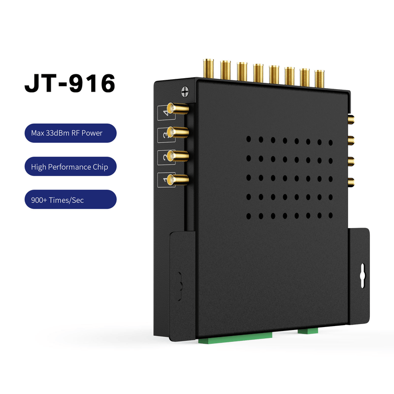 Zadnji prikaz fiksnog UHF RFID čitača JT-916 pod uglom pokazuje ventilacione otvore i antenske portove na obe strane.