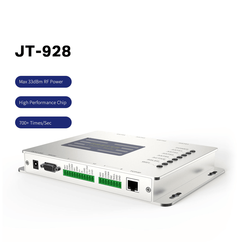 Fiksni UHF RFID čitač JT-928 prikazan je iz niskog prednjeg ugla s vidljivim RS232 priključnim blokovima i TCP/IP portovima.