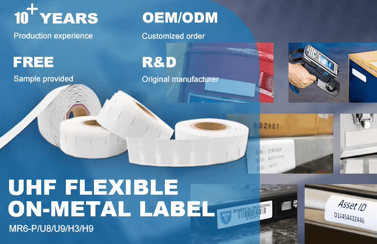 Fleksibilna UHF RFID etiketa za metalne površine za praćenje kontejnera prikazana uz detalj laserskog reza za kupce koji upoređuju rešenja fleksibilnih UHF RFID tagova za metalne površine.