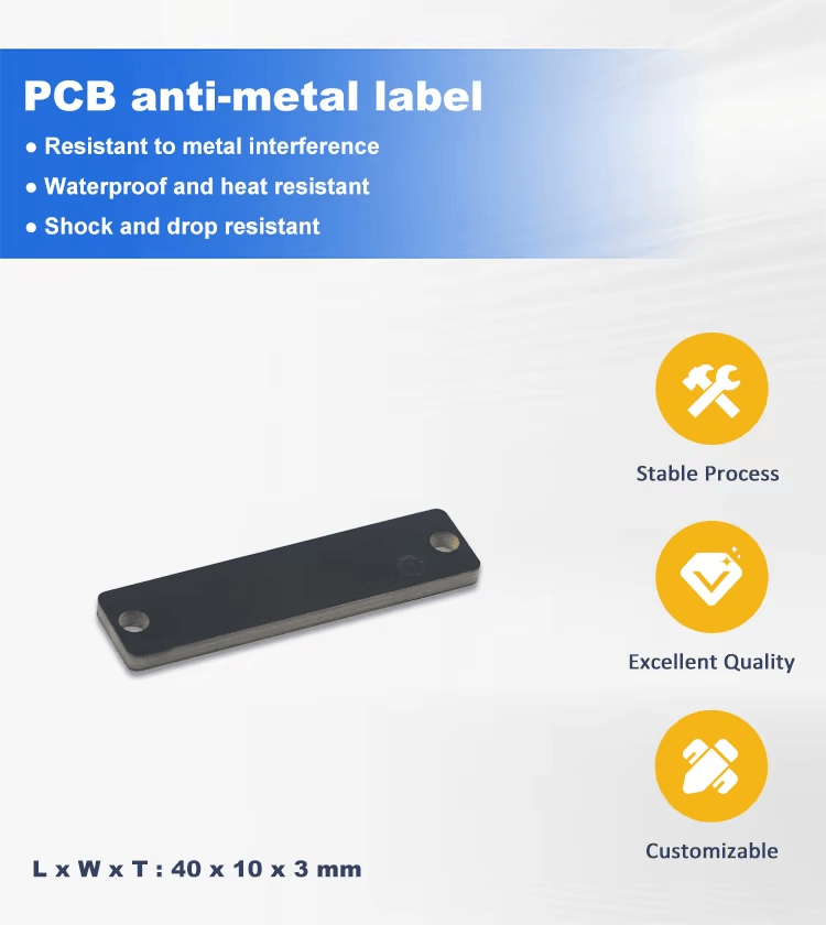 PCB RFID tag za metalne površine za praćenje metalne imovine prikazan sa fokusom na metalnoj površini za PCB RFID tag za metalne površine projekte.