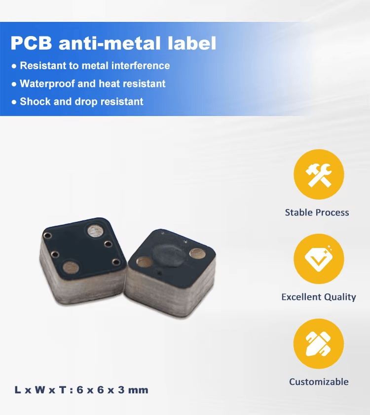 Poster sa karakteristikama prikazuje P0606-1 PCB RFID etiketu otpornu na metal, koja ističe otpornost na smetnje od metala i izdržljivu upotrebu na otvorenom.