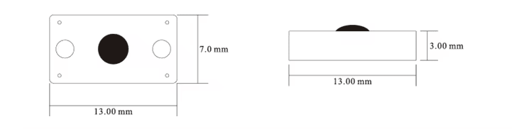Dimenzijski crtež prikazuje konturu P1307-1 PCB RFID oznake za metal, dužine 13 mm, širine 7 mm i debljine 3 mm.