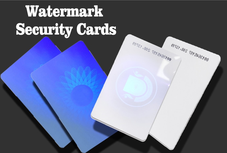 Glavna slika prikazuje više watermark security kartica, uključujući plave kartice sa šarom i kartice sa logotipom otkrivenim pod UV svetlom.