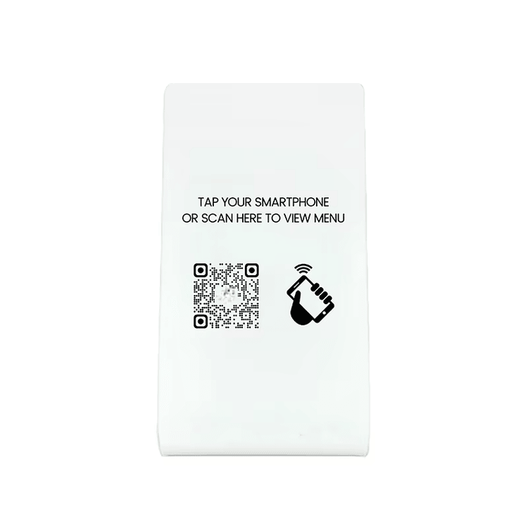 Ova slika ističe Prilagođeni NFC QR kod display stalak za promocije - bočni izgled za NFC Stalci primene.