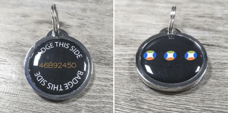 Ova slika prikazuje referencu veličine za okrugli RFID privesak za identifikaciju ljubimaca radi potvrde da udobno odgovara uobičajenom okovu ogrlice.