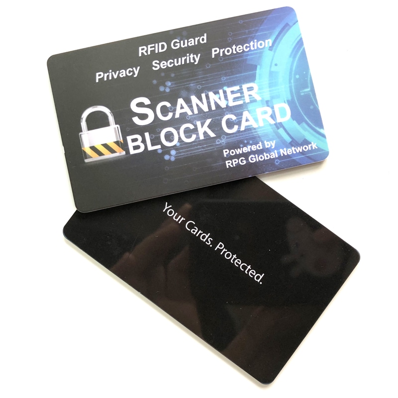 Dvostrana ScanBlock RFID zaštitna kartica prikazana je sa plavim dizajnom kola i porukom Vaše kartice su zaštićene.