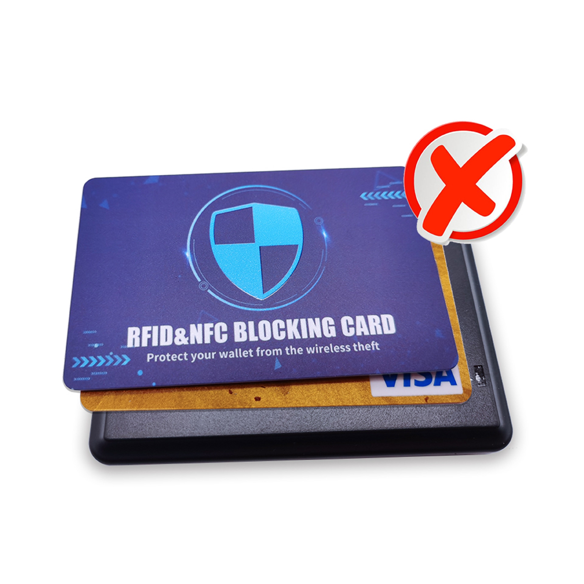 RFID i NFC zaštitna kartica postavljena na novčanik prikazuje kako RFID zaštitne futrole pomažu u sprečavanju bežične krađe podataka.