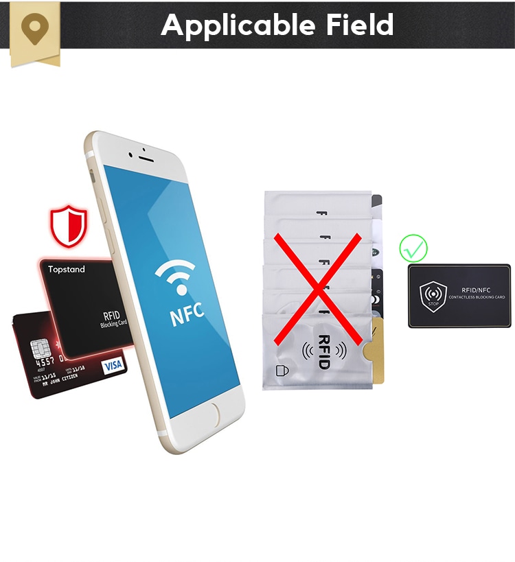 Grafički prikaz telefona sa NFC ikonom i ispravan primer upotrebe RFID zaštitne futrole za sprečavanje beskontaktnog skimminga.