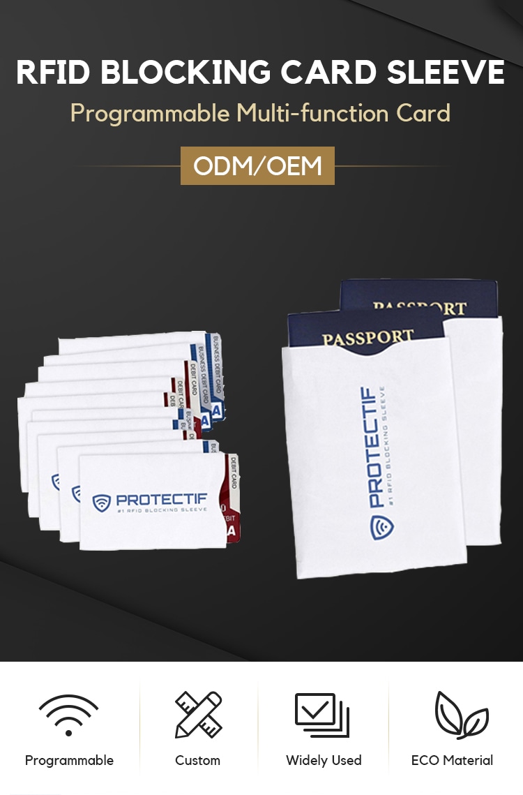 ODM OEM promotivni poster prikazuje Protectif RFID blokirajuće futrole za kartice i pasoše sa ikonama za štampanje po meri i ekološki materijal.