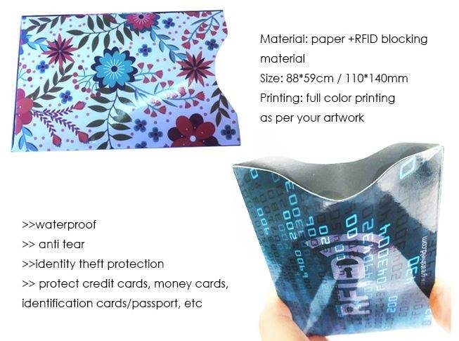 Infografika proizvoda prikazuje RFID zaštitne futrole s cvetnom i digitalnom štampom te vodootporna svojstva i otpornost na kidanje za putne novčanike.