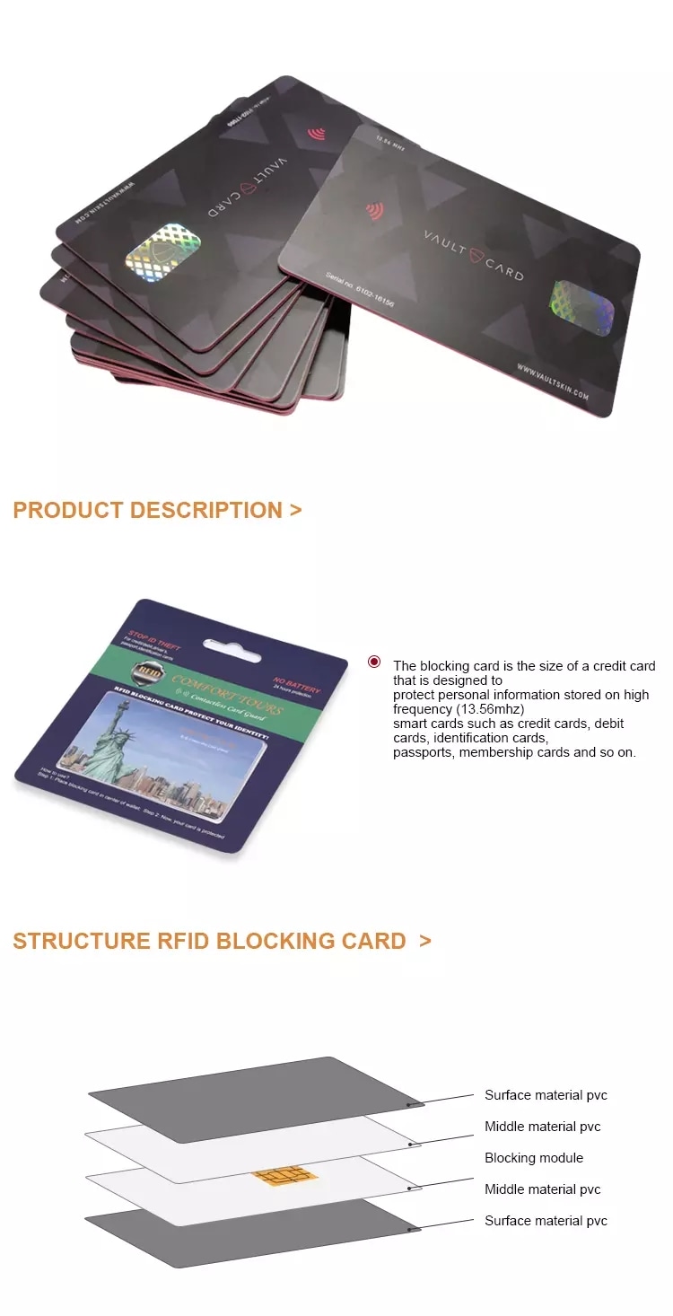 Grafički prikaz proizvoda Vault Card prikazuje zaštitne kartice i dijagram slojevite strukture koji objašnjava kako držač putnih karata blokira RFID signale.