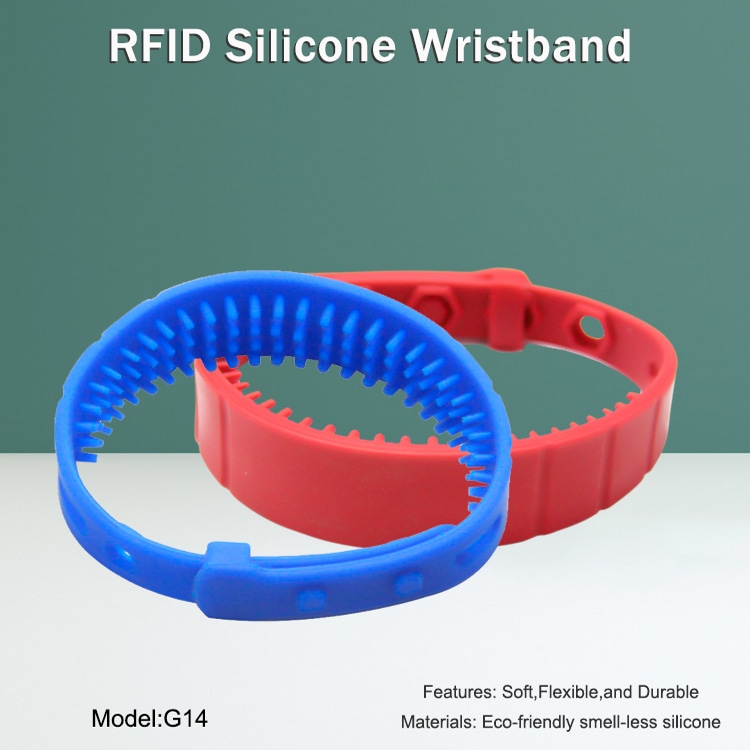 Promotivna slika silikonske RFID narukvice modela G14 koja prikazuje plave i crvene narukvice uz napomene o mekom, fleksibilnom, izdržljivom i ekološki prihvatljivom materijalu.