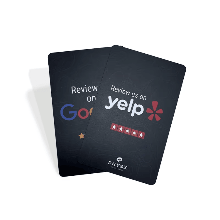Prednja i zadnja strana kartice za Google recenzije standardne veličine CR80 prikazuju poziv na akciju i bežični simbol