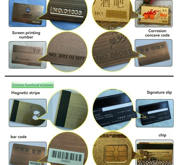 Ovaj grafikon prikazuje funkcionalne opcije metalne vizit karte kao što su magnetna traka, barkod, panel za potpis i integracija čipa.