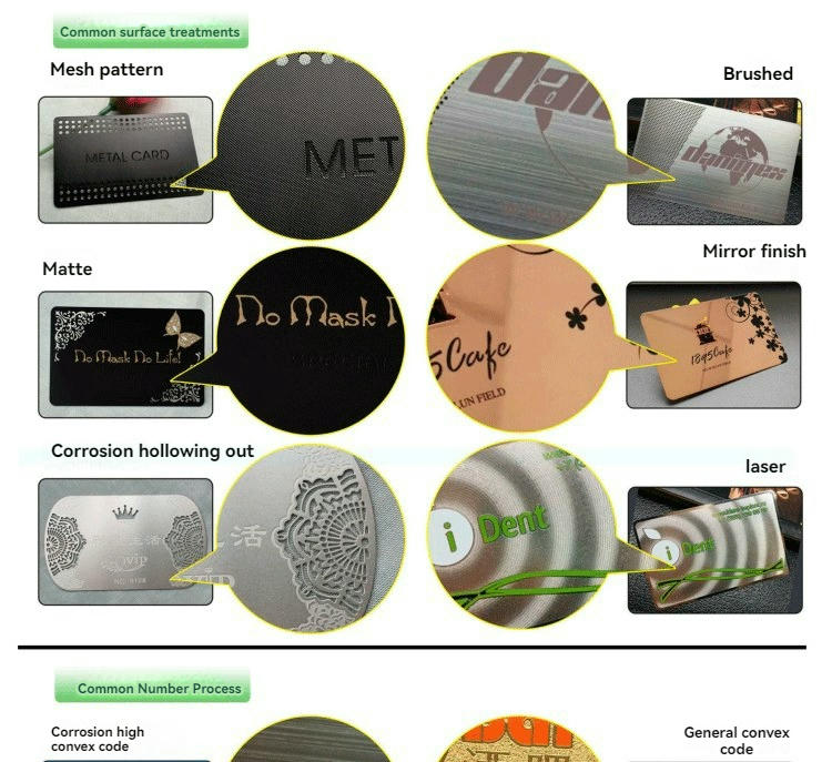 Ovaj grafikon upoređuje površinske obrade metalne vizit karte kao što su mat, četkana, ogledalo i laserski efekti za vrhunsko brendiranje.