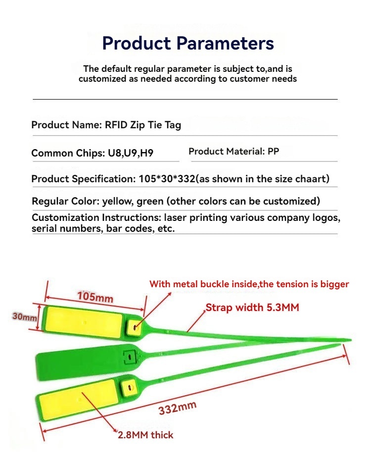 Specifikacija za RFID tag u obliku kablovske vezice model Z33230-2 navodi PP materijal, U8 U9 H9 čipove i dijagram dužine 332mm.