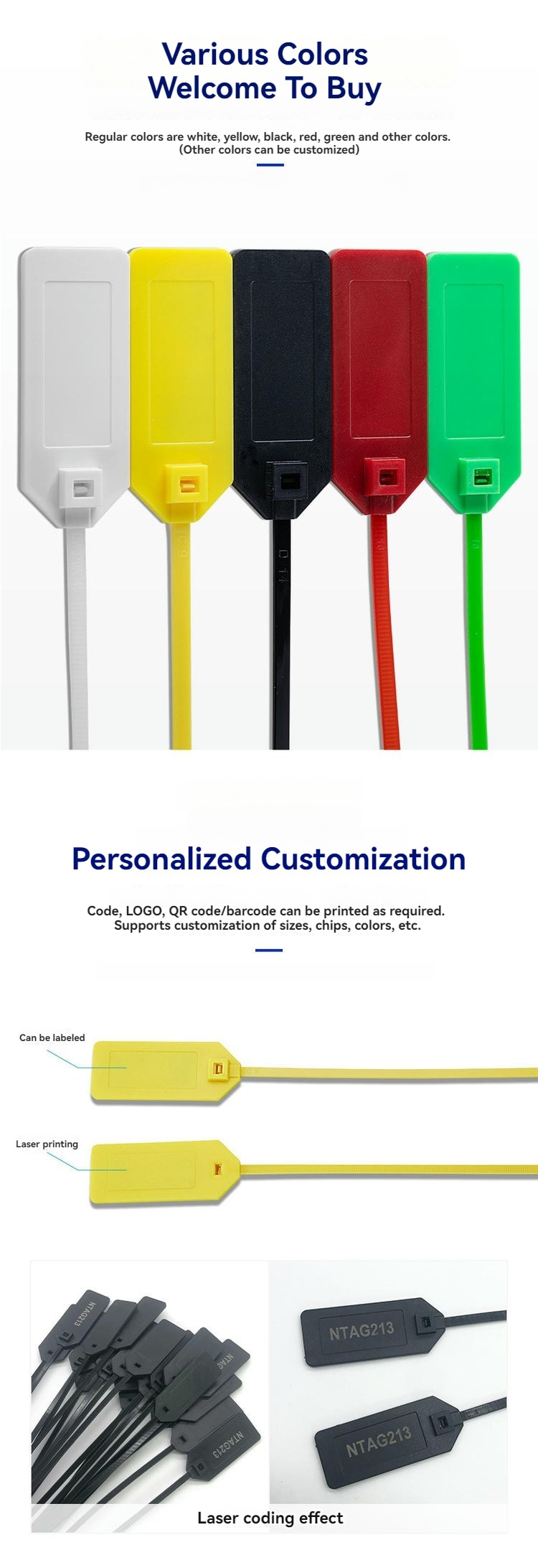 Infografik customizacije prikazuje RFID tagove u obliku kablovske vezice model Z42528-1 sa linijom boja plus primere laserske štampe i kodiranja za ID-ove imovine.