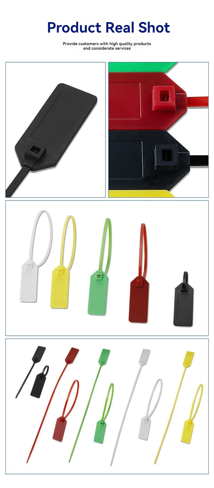 Kolaž stvarnih fotografija prikazuje RFID tagove u obliku kablovske vezice model Z42528-1, uključujući krupni plan glave brave i više boja sa dugim trakama.