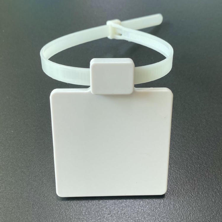 Krupni plan prikazuje RFID vezicu sa oznakom model Z5555-1 sa najlonskom trakom zaključanom u petlju i četvrtastom etiketom u sredini.