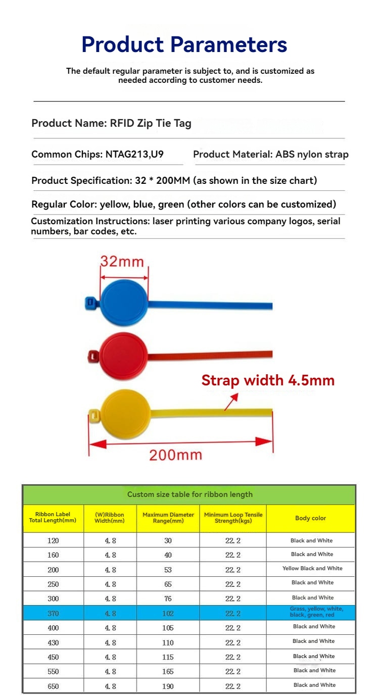 List sa parametrima proizvoda za RFID kablovsku vezicu model Z20032-1 koji prikazuje dimenzije 200x32mm, širinu vezice i tabelu veličina.