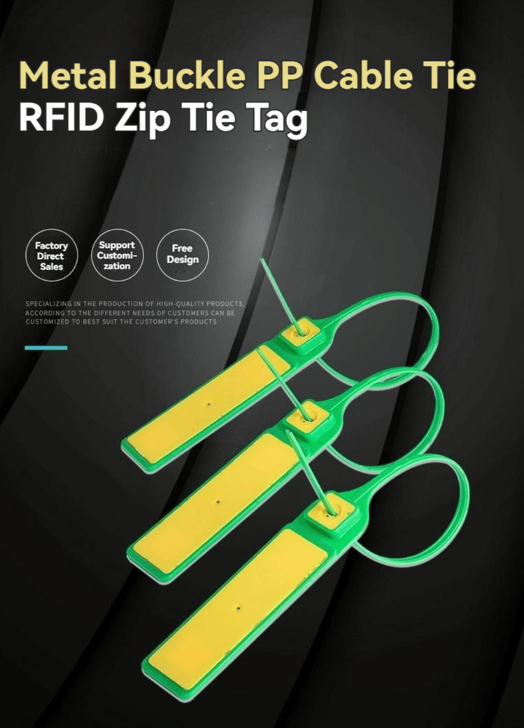 Tamni poster ističe RFID tag u obliku kablovske vezice model Z33230-2 sa direktnom fabričkom prilagodbom i tri taga sa omčama.