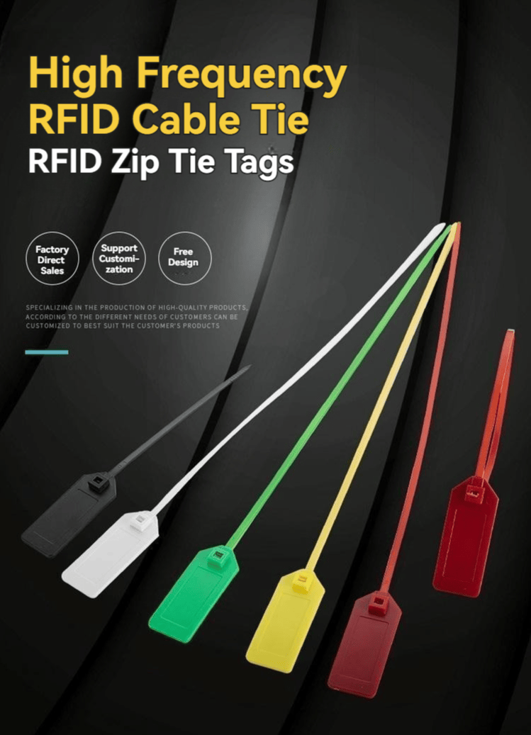 Poster tamne teme predstavlja RFID tagove u obliku kablovske vezice model Z42528-1 u više boja i promoviše podršku za customizaciju čipova visoke frekvencije.