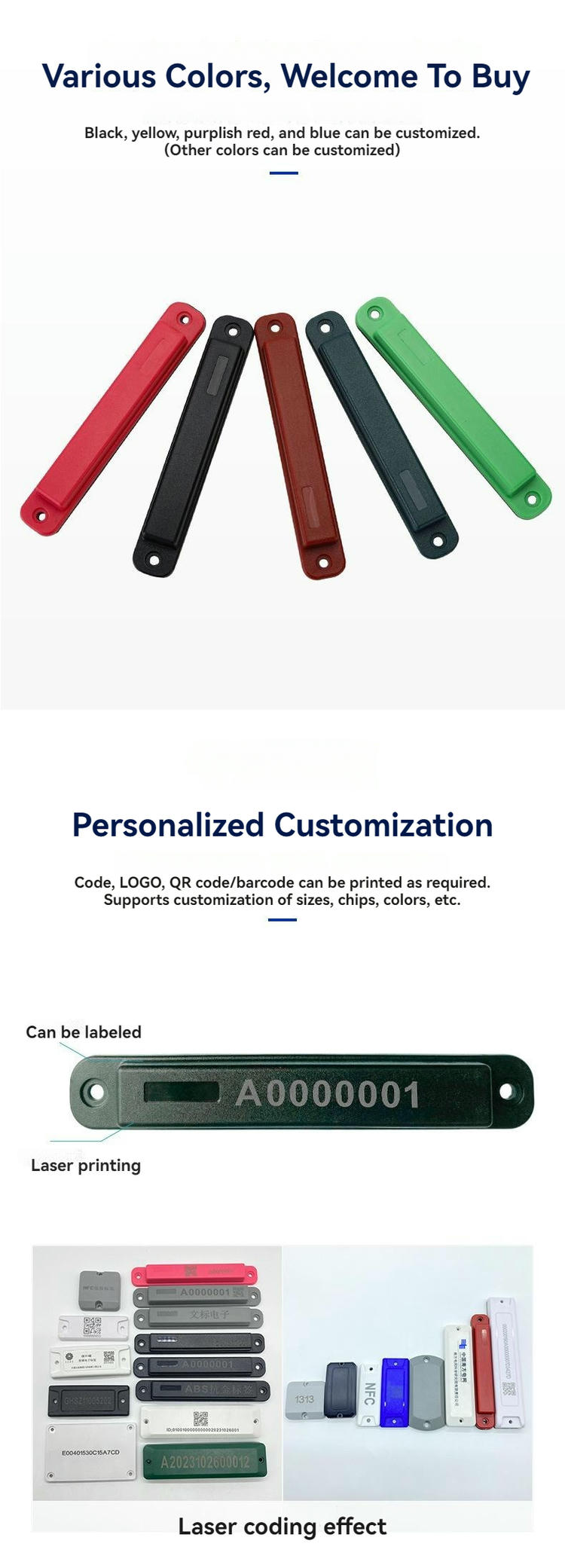 Ova slika prikazuje ABS RFID tagove za metalne površine za praćenje imovine montažom zavrtnjima sa graviranim logotipom za primene ABS RFID tagova za metalne površine.