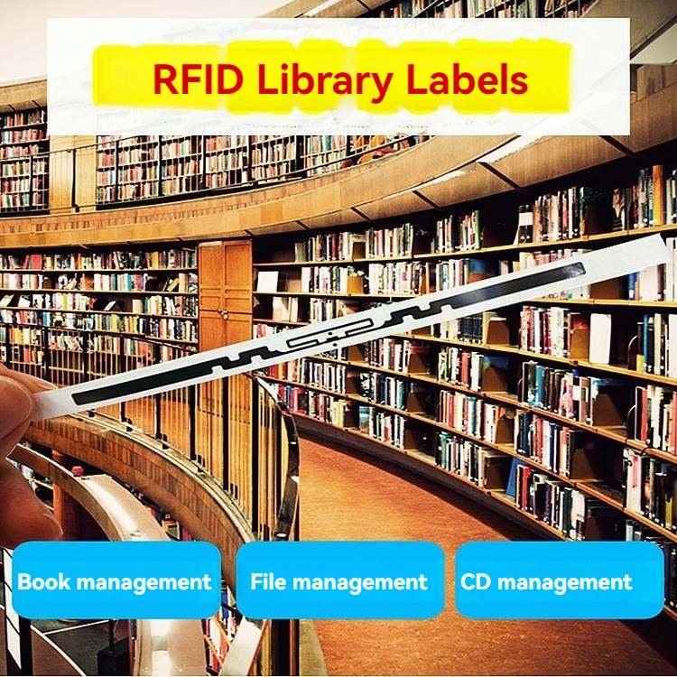 Ovaj baner prikazuje ruku koja drži jednu traku RFID etikete za biblioteke u bibliotečkom okruženju za upravljanje knjigama i dokumentima.