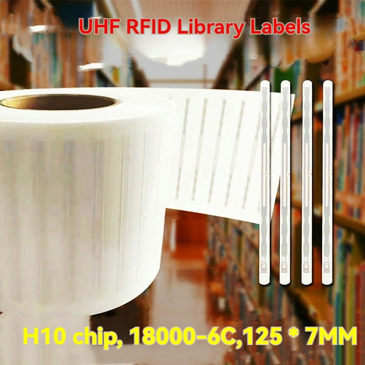 Ova promotivna slika prikazuje trake RFID etiketa za biblioteke pored rolne etiketa sa tekstom o H10 čipu preko zamućene bibliotečke scene.