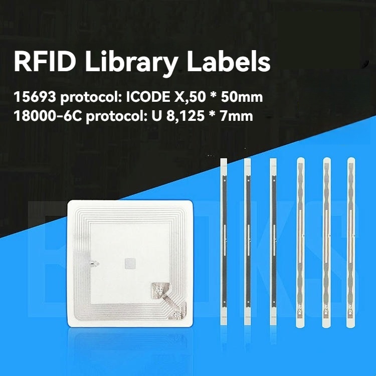 Ova uporedna grafika ponovo prikazuje kvadratne i trakaste RFID bibliotečke etikete sa napomenama o protokolu na tamnoplavom panelu.