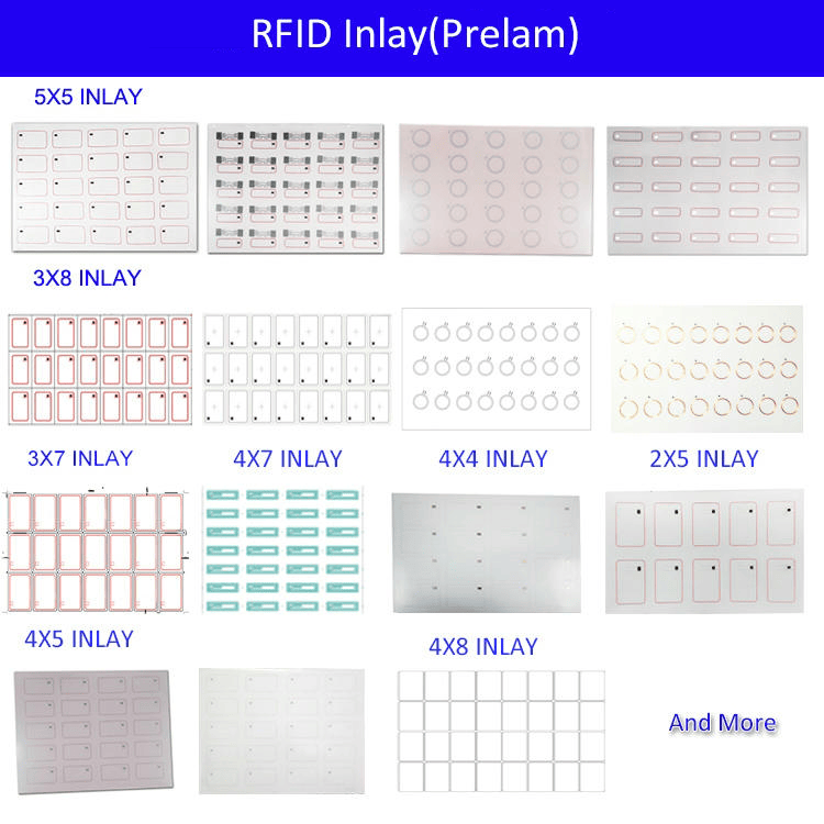 Tabela rasporeda RFID prelamiranih antenskog umetka koja prikazuje više formata listova za izradu kartica, kao što su pet puta pet i više.