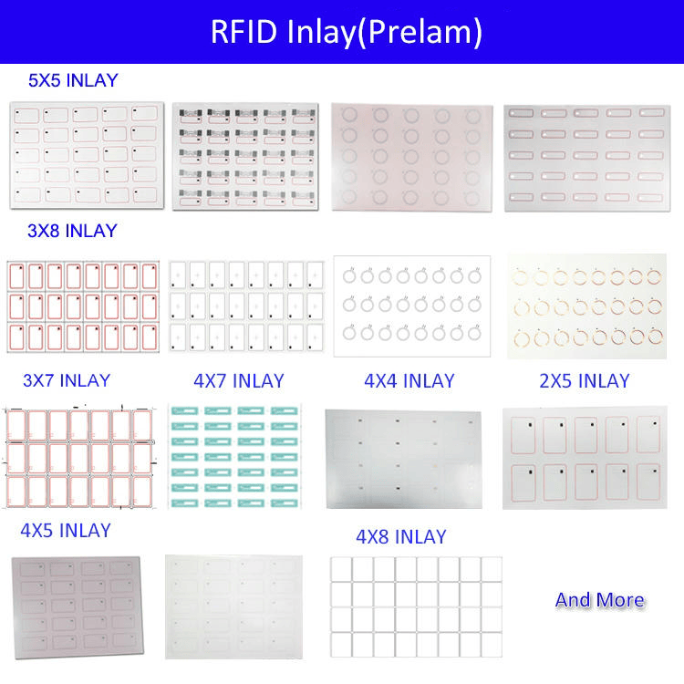 Poster sa pregledom RFID antenski umetak prelam formata koji upoređuje različite rasporede panela za proizvodnju antenskog umetka pristupnih kartica.