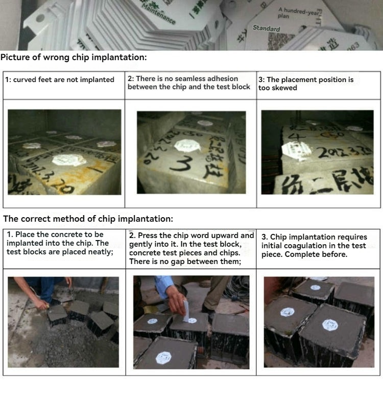 Vodič za instalaciju upoređuje pogrešne i ispravne metode ugrađivanja PVC5050-1 RFID tagova za beton u betonske test blokove.