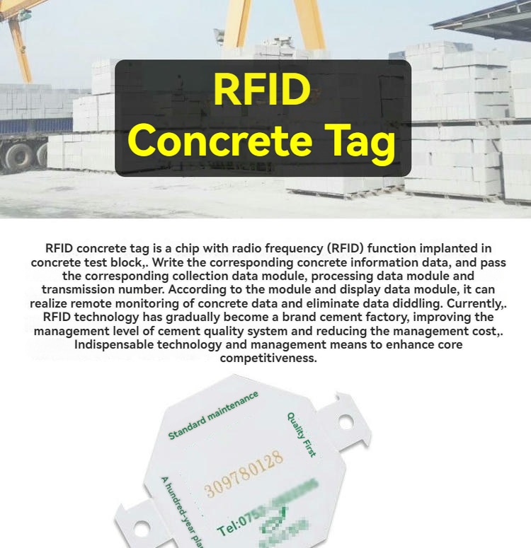 Pregledni list predstavlja PVC5050-1 RFID betonsku etiketu sa opisnim tekstom i izbliza prikazanim telom etikete u obliku osmougaonika.
