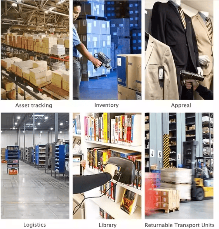 Prikazna tabla prikazuje upotrebu RFID etiketa u praćenju sredstava, zalihama, odeći, logistici, bibliotekama i povratnim transportnim tokovima.