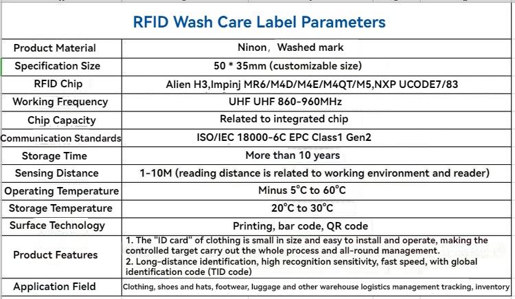 Tabela parametara prikazuje veličinu materijala, opcije čipova, opseg frekvencija i standardne detalje za RFID etiketu sa uputstvom za održavanje.
