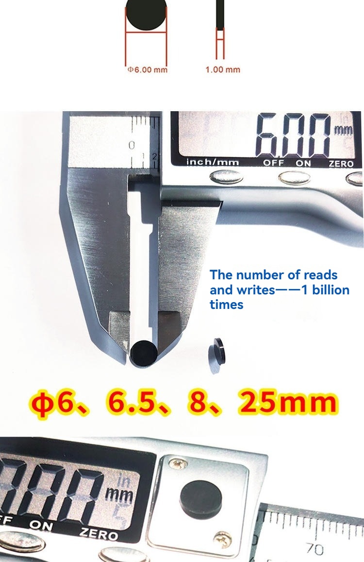 Grafički prikaz veličine kompaktne PPS mikro RFID oznake prikazuje opcije prečnika 6 mm, 6.5 mm, 8 mm i 25 mm sa primerima merenja pomoćnim mernim instrumentom.