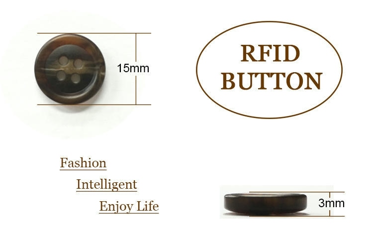 Dijagram veličine prikazuje RCT15-1 RFID dugme sa prednjim prečnikom od 15 mm i bočnom debljinom od 3 mm za upotrebu pri šivenju.