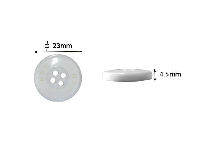 Crtež dimenzija prikazuje belu RCT23-2 RFID dugme oznaku za odeću prečnika 23 mm i profila debljine 4,5 mm.