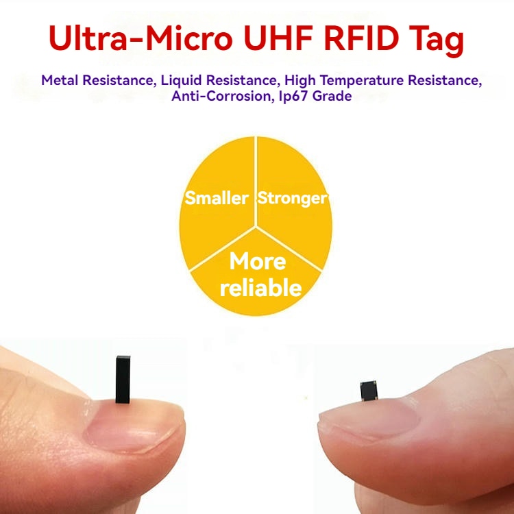 Grafika proizvoda za mikro RFID oznaku SV-002 prikazuje izuzetno mali UHF dizajn sa otpornošću na metal tečnost i visoke temperature i zaštitom IP67.