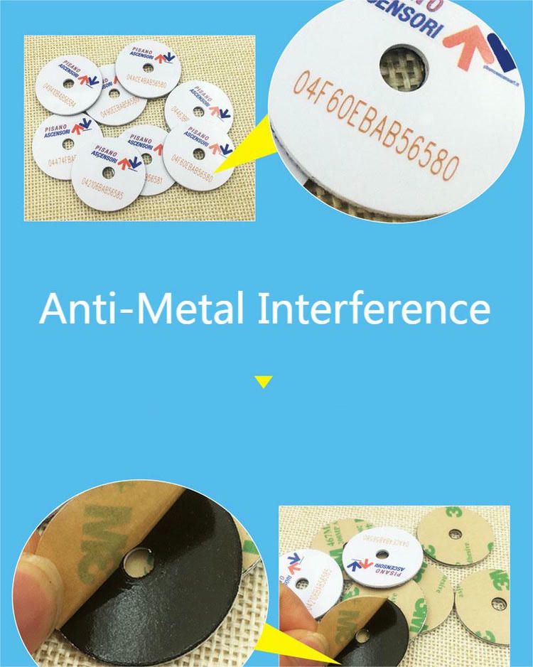 Grafički prikaz funkcije za rad na metalnim površinama koji prikazuje PVC RFID okrugle tagove sa zaštitnim slojem i prikaz iz blizine poleđine i oblasti otvora.
