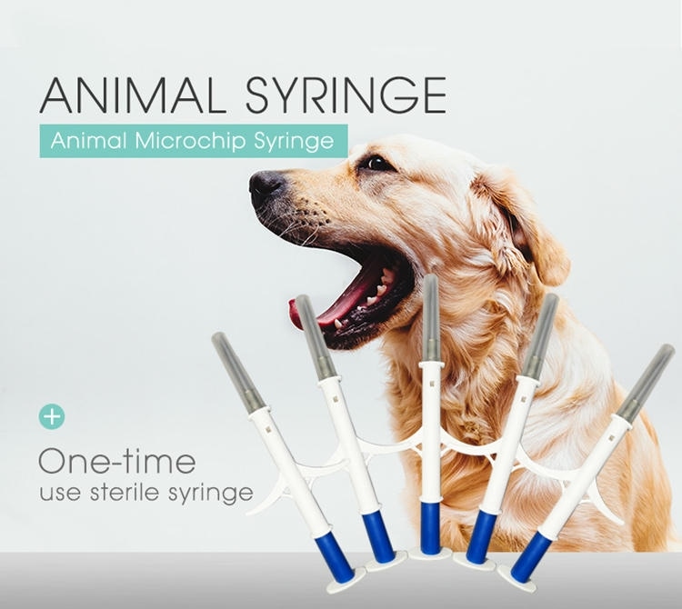Promotivna grafika koja prikazuje sterilne injekcione špriceve sa mikročipom za životinje za veterinarsku RFID implantaciju i bezbedan pronalazak ljubimaca.