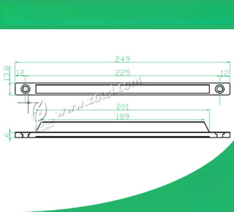 Crtež dimenzija RFID taga za metalne površine za registarske tablice prikazuje ukupnu dužinu, širinu i debljinu za planiranje instalacije ABS24913-1.