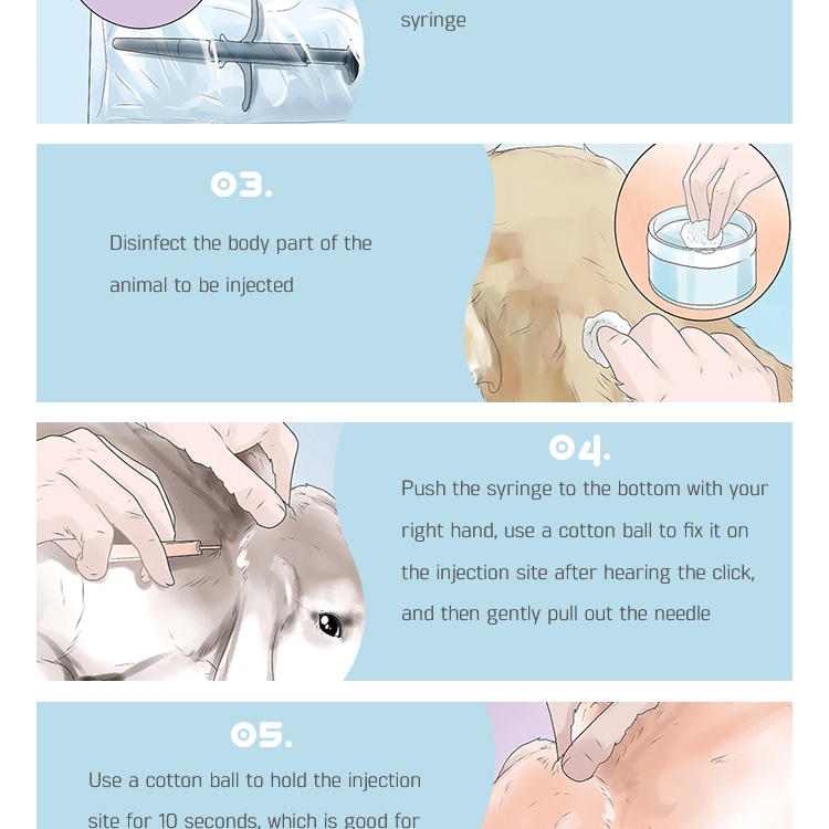 Ilustrativni panel koji prikazuje korake dezinfekcije i injekcije prilikom implantacije RFID mikročipa za životinje pod kožu životinje.