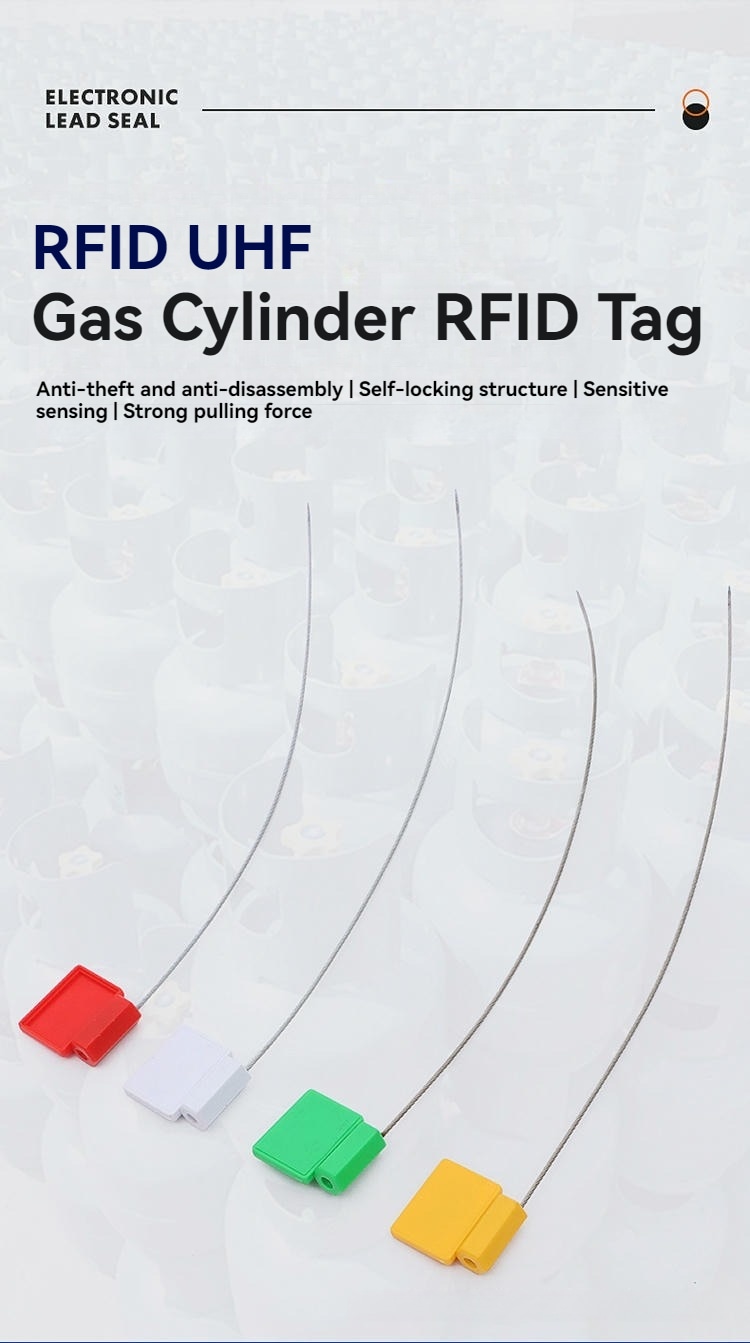 Žuta RFID plomba etiketa bezbedno zaključana na ventilu gasne boce radi obezbeđivanja usklađenosti sa bezbednosnim zahtevima i sledljivosti.