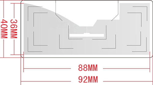 Tehnički crtež prikazuje veličinu i oblik RFID nalepnice za vetrobransko staklo sa označenim dimenzijama za planiranje postavljanja u projektima pristupa vozilima.