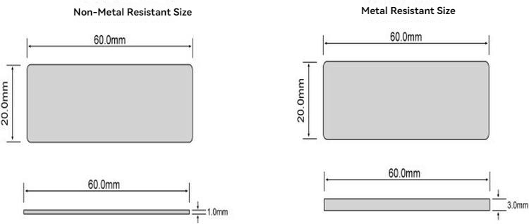 Crtež dimenzija upoređuje dimenzije taga otpornog na nemetal i taga otpornog na metal sa dužinom od 60 mm i različitim debljinama.