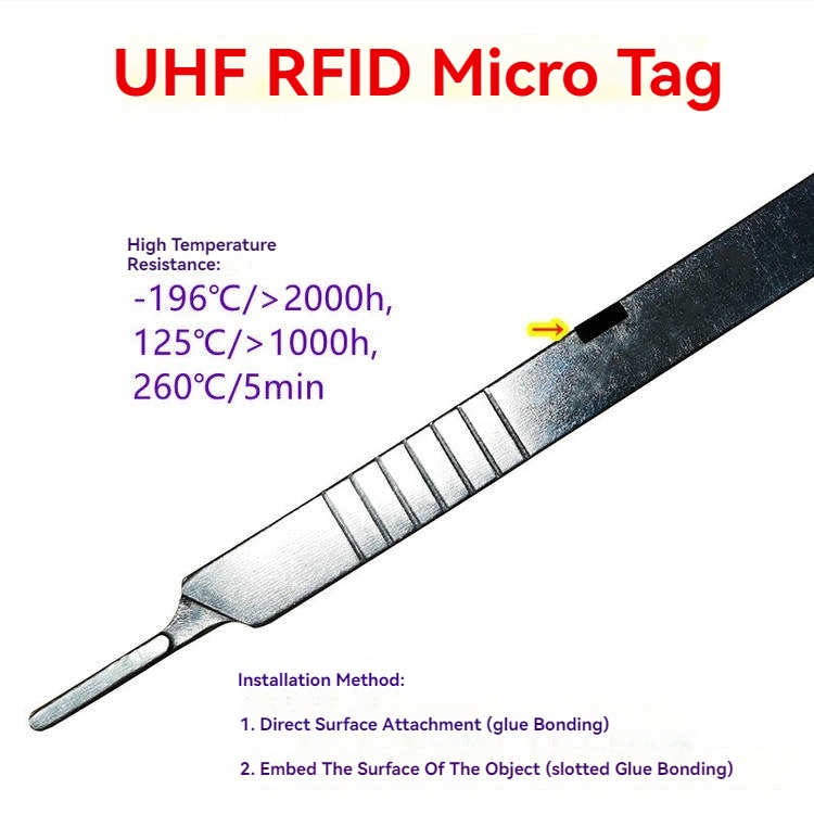 Grafika za SV-002 mikro RFID tag objašnjava lepljenje ili ugrađivanje u prorez, uz prikaz otpornosti na hladnoću od -196C i granice toplote od 260C.